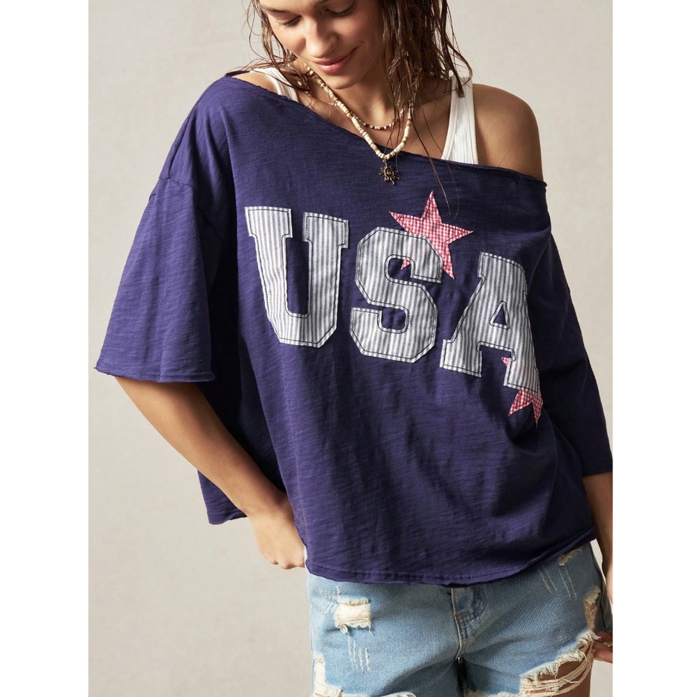 100% Cotton USA Navy Blue Oversized Boat Cut Neck Tee Shirt - Picture 5 of 8